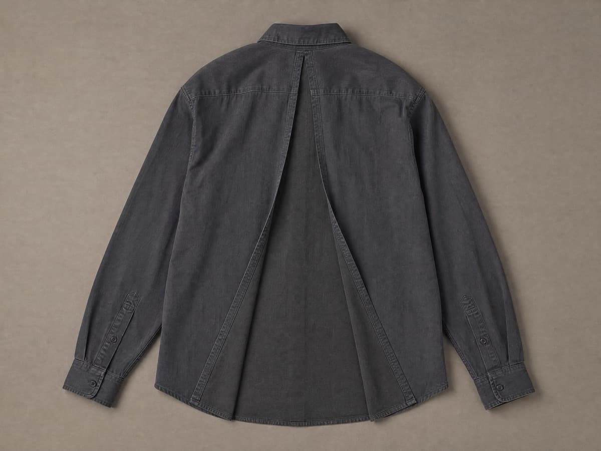 A garment seen from the back with a centre-back opening running down from the neckline, the panels eased apart to show how far it opens.