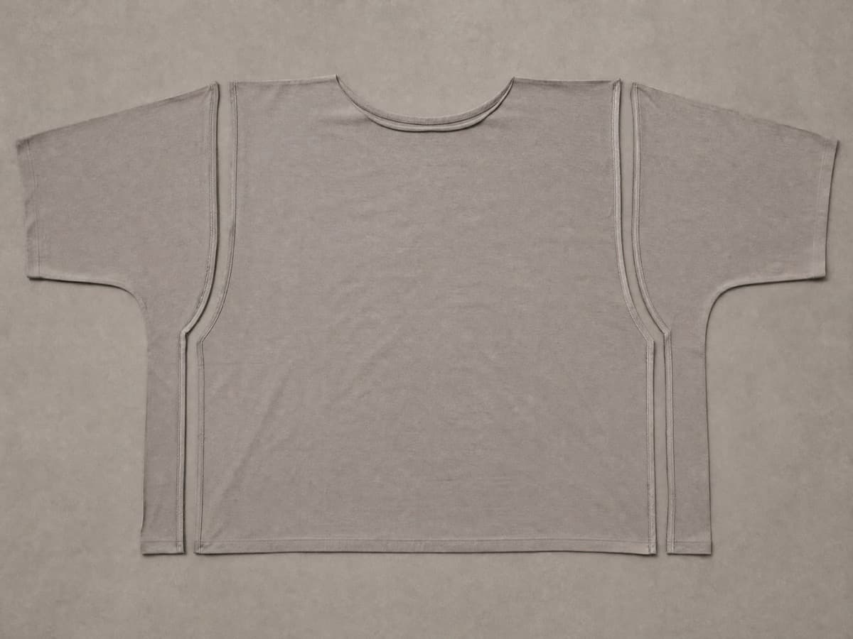 A top laid flat with both side seams opened, the front panel separated from the back panel down each side and the sleeves spread out, so the whole garment lies flat.