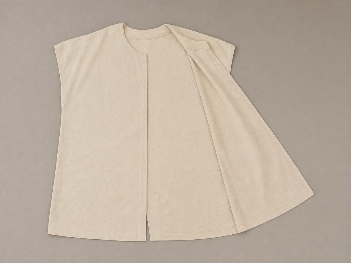 A top opened along one side seam only, that side spread wide open while the other side stays closed.