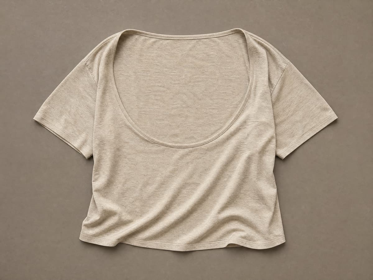 A jersey top with an unusually wide relaxed neckline, the neck opening held round to show how generous the opening is.