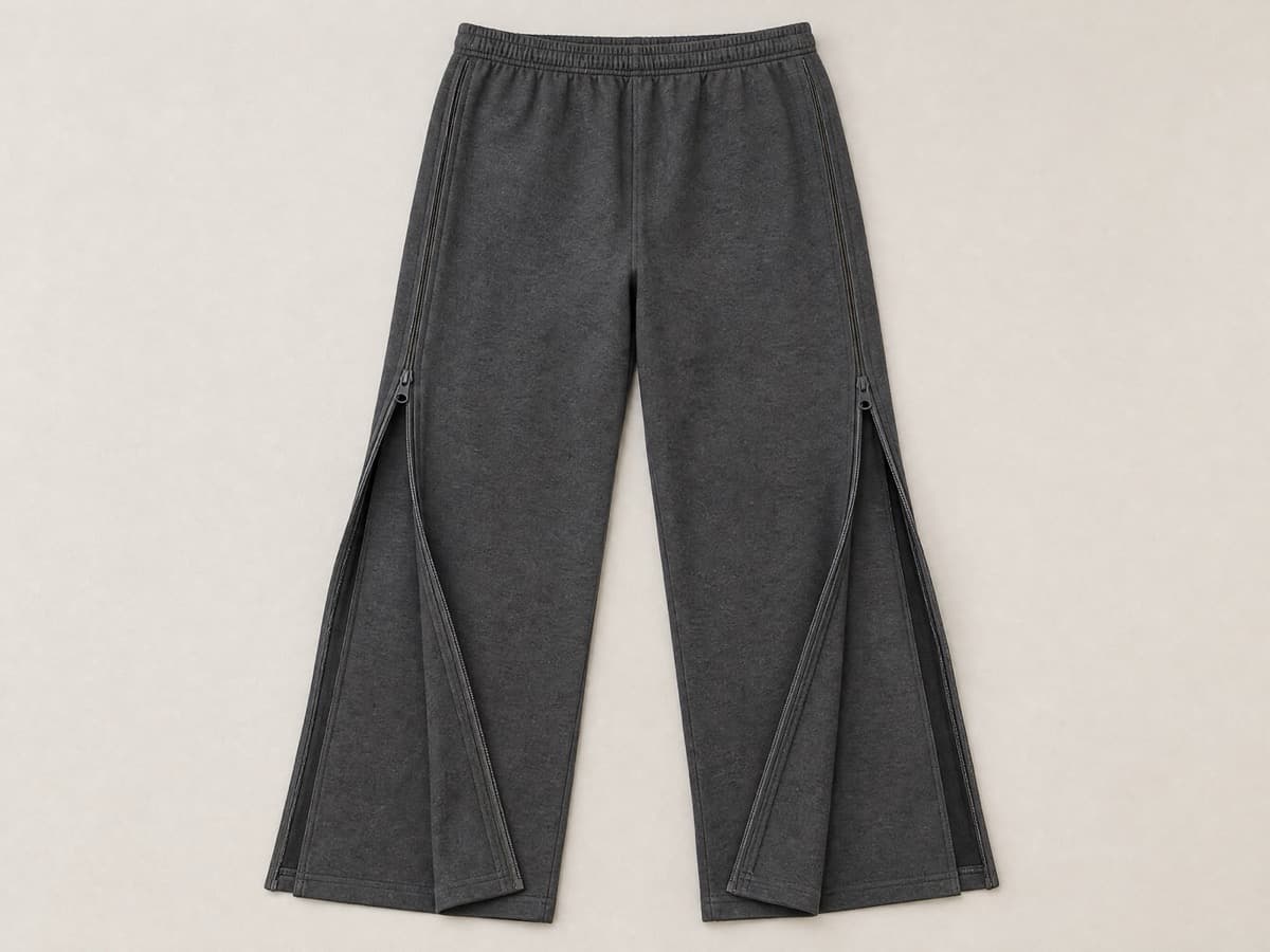 Charcoal cotton trousers laid flat with a full-length matte zip running down the whole outer seam of each leg, both zips half opened.