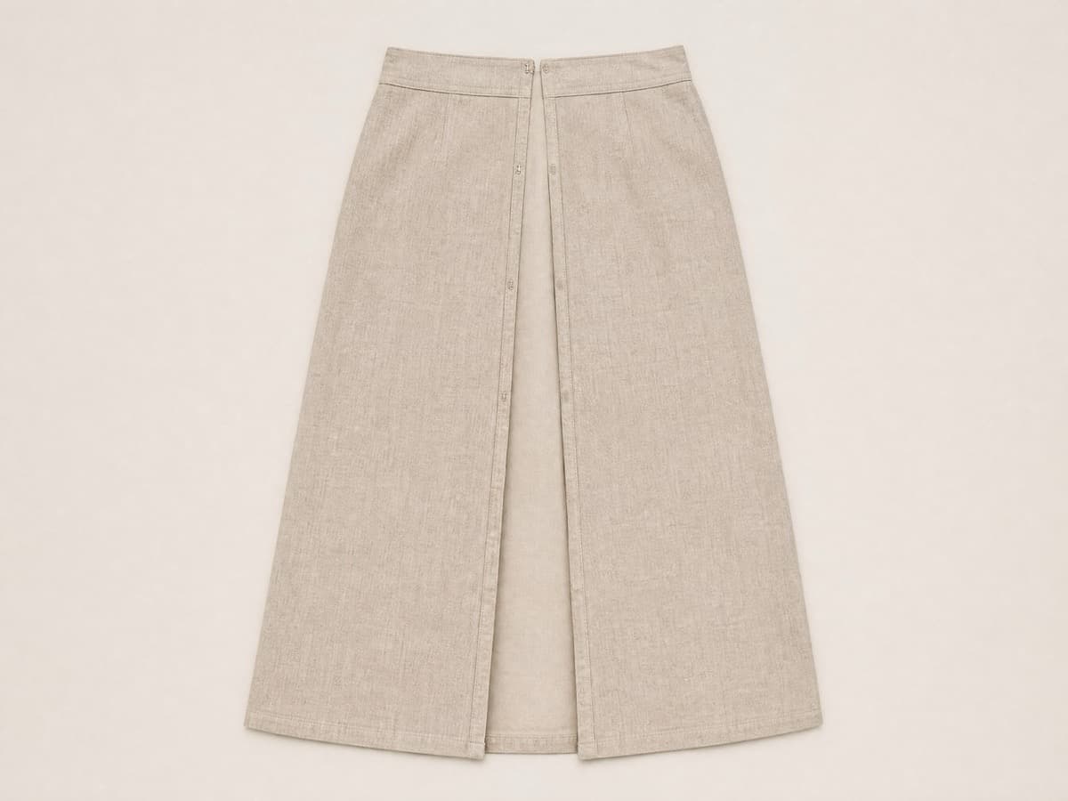 A calf-length soft sand skirt laid flat and seen from the back, with a full-length opening down the centre back and the panels eased apart.