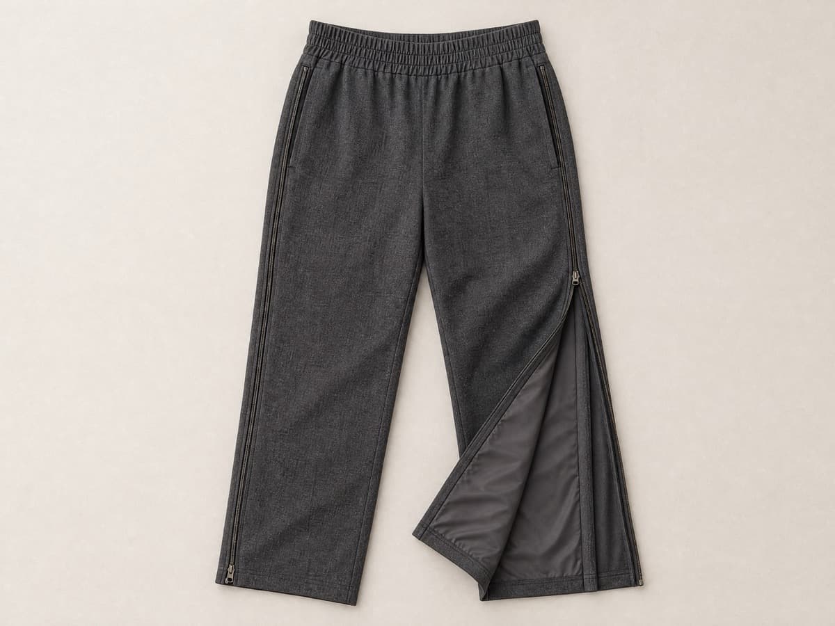 Premium dark stone trousers laid flat with full-length side zips on both legs, a wide soft waistband, and one leg turned to show the smooth inner lining.