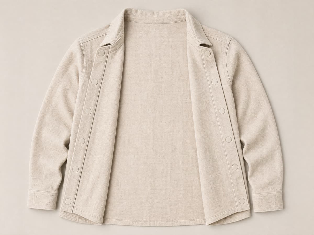 The same shirt with the magnetic placket peeled fully open and both front panels folded back, showing the row of fabric-covered magnetic discs.