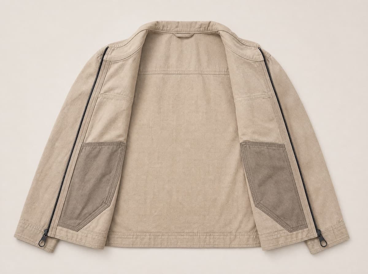 The same jacket with the loop-pull front zip fully opened and both front panels spread wide apart into flat panels.