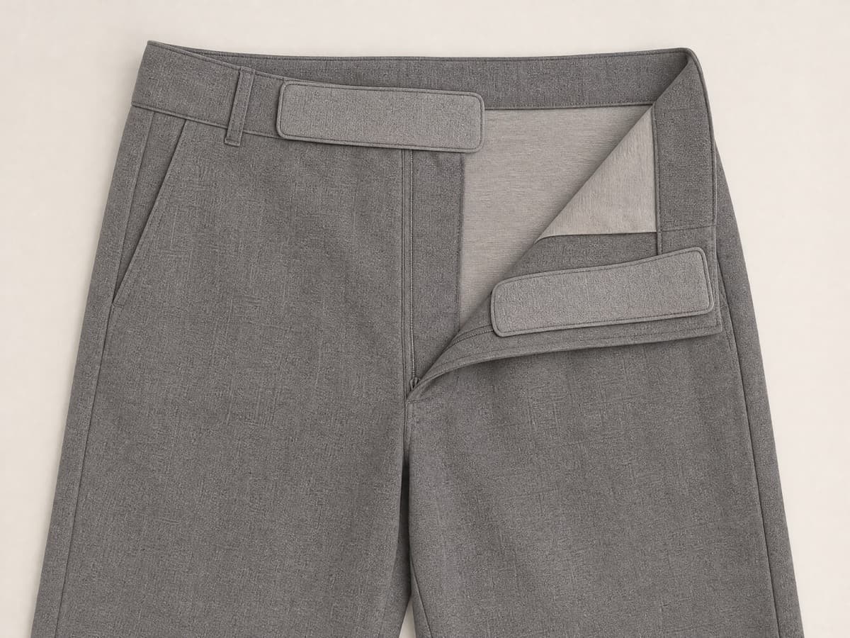 Warm grey trousers laid flat with the waistband opened to show a wide fabric-covered magnetic closure panel instead of a button and hook.
