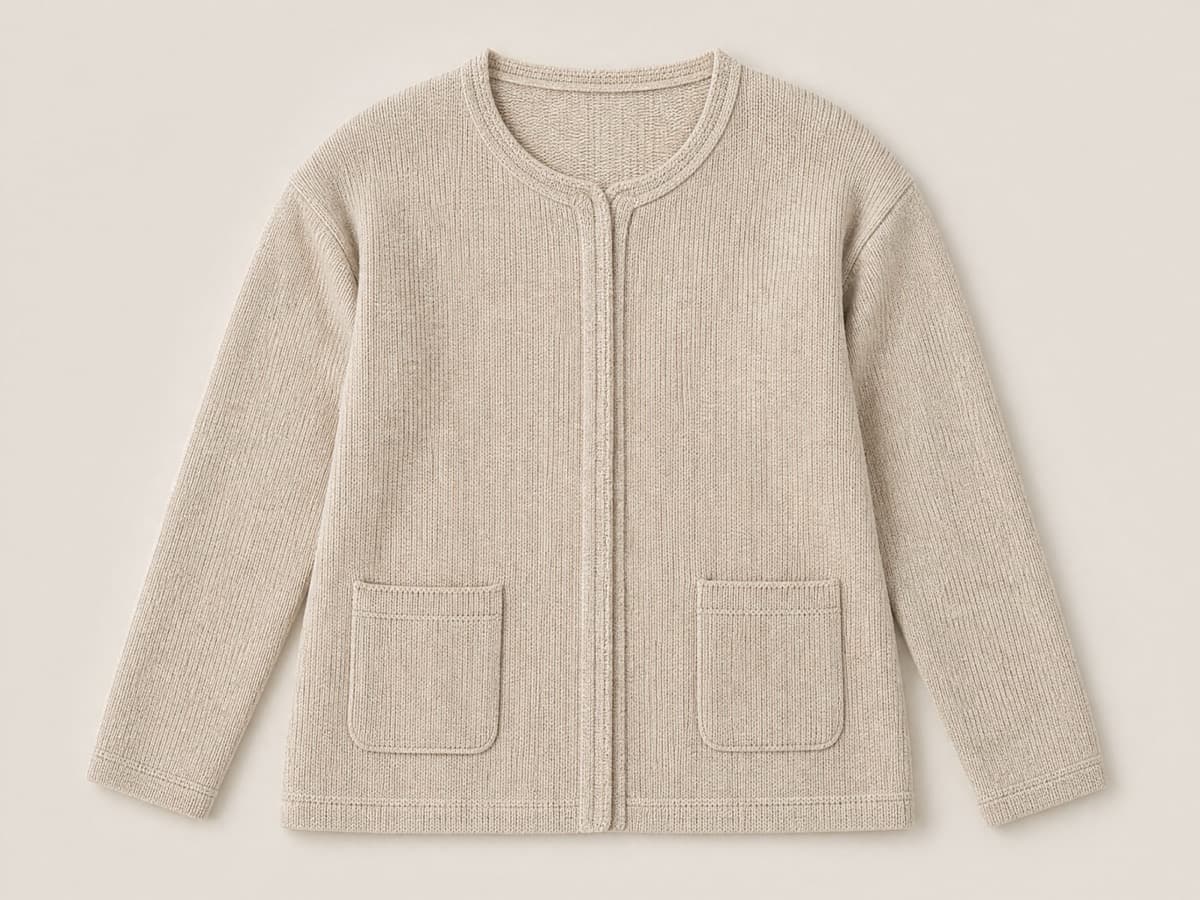 An oatmeal knitted cardigan laid flat, the front edges meeting without buttons, held by discreet fabric-covered magnetic discs behind the front band.