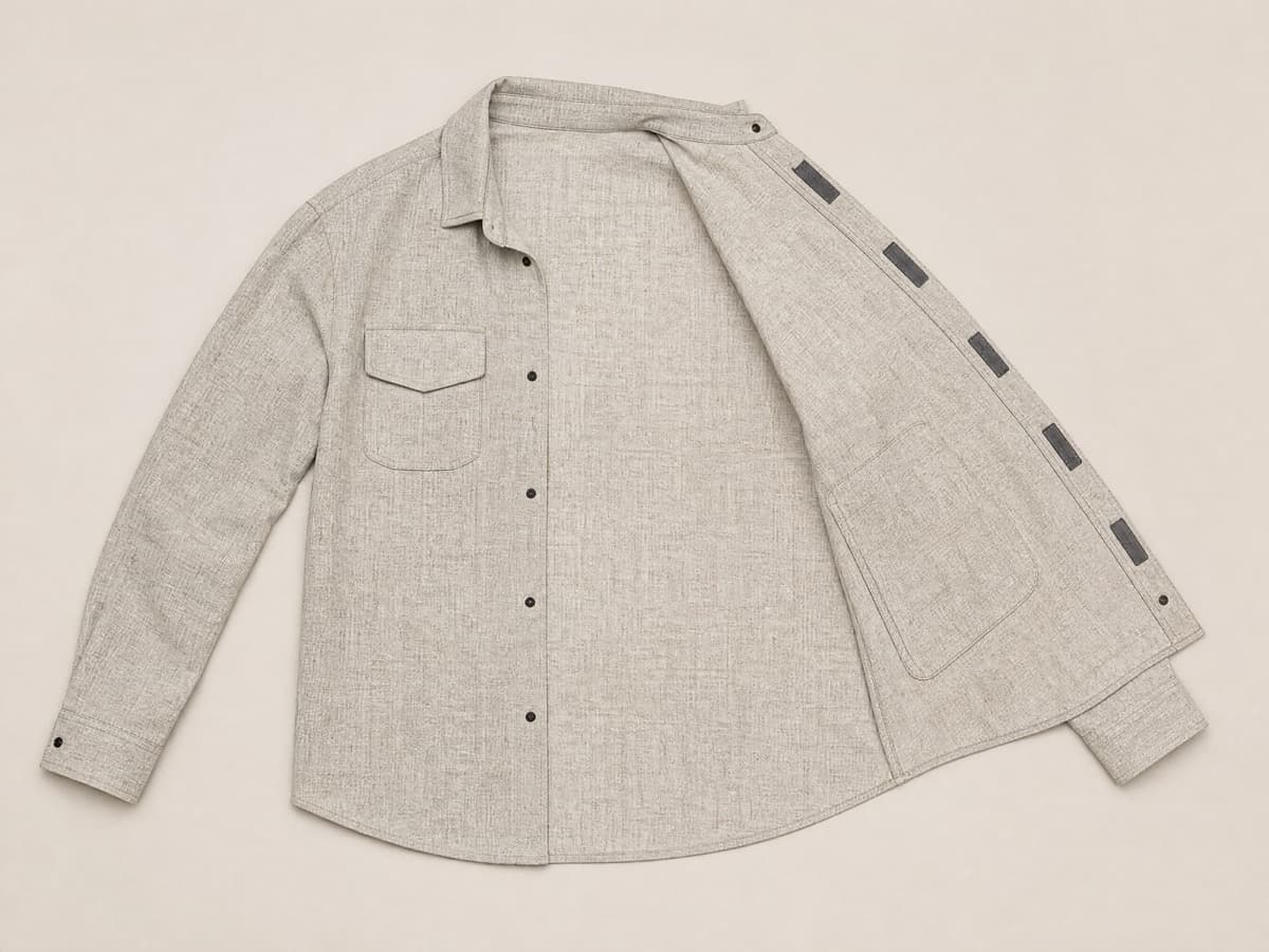 The same shirt laid completely flat with one whole side opened and spread out and the magnetic placket also opened, the garment lying as one flat piece.