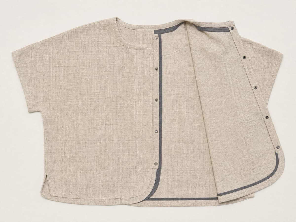 A soft sand woven top laid flat with one entire side seam fully opened and spread wide, the other side staying closed.