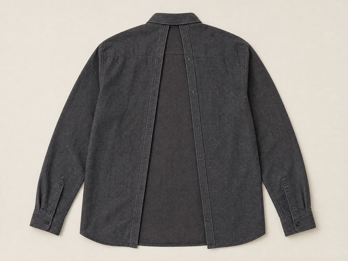 A charcoal shirt laid flat and seen from the back, with a full-length centre-back opening from collar to hem and the two panels eased apart.