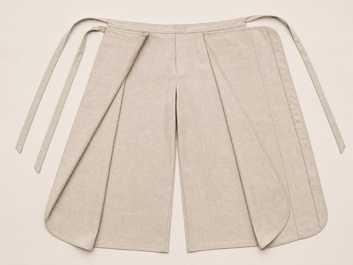 Stone-coloured wrap trousers laid completely flat and open, showing the full flat panels and the long flat cotton ties at the waist.