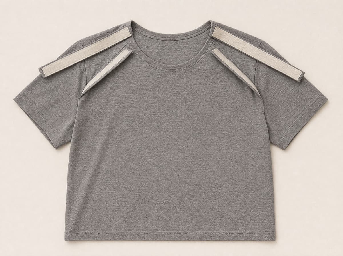 A warm grey jersey t-shirt laid flat and closed, the shoulder seams reading as ordinary flat seams with nothing unusual visible.