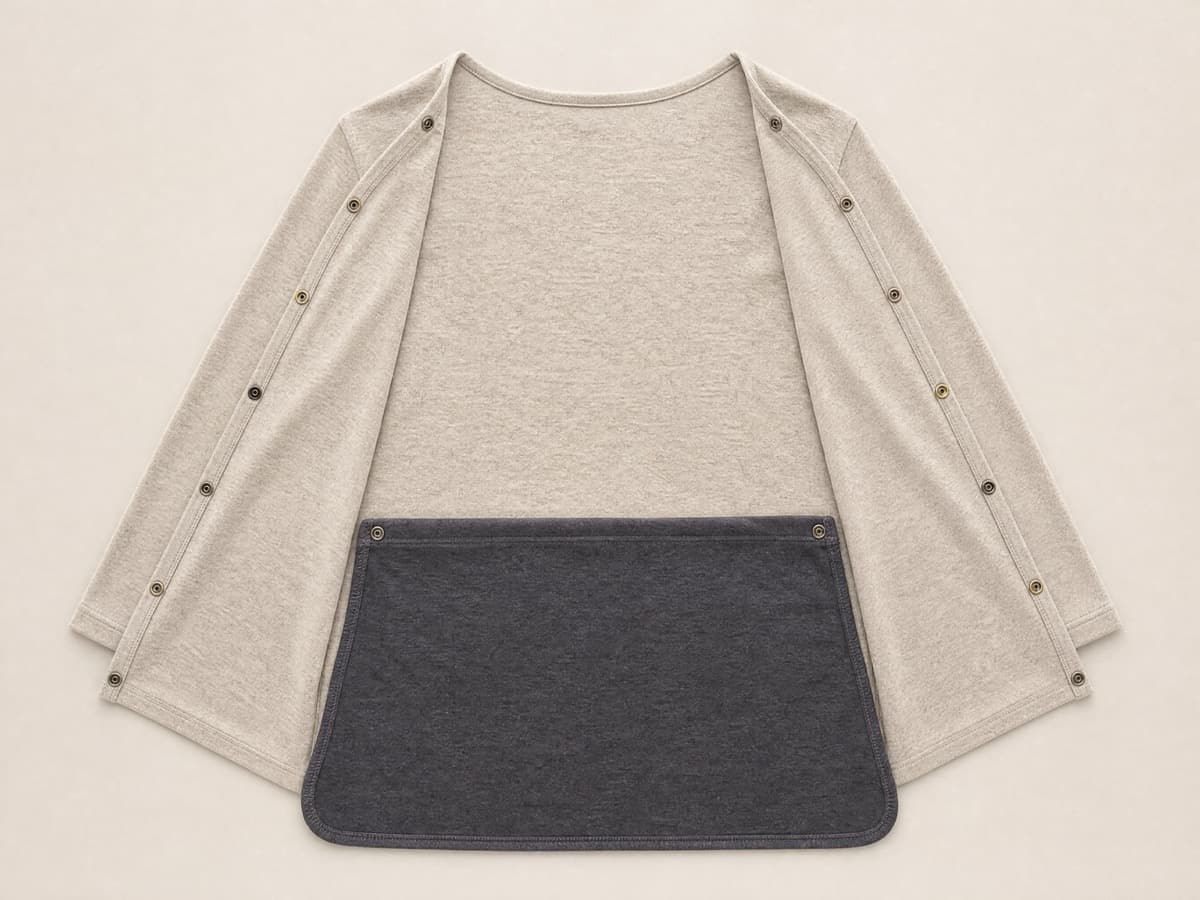 The same premium top with both shoulder openings fully undone and the front panel folded flat down away from the back.