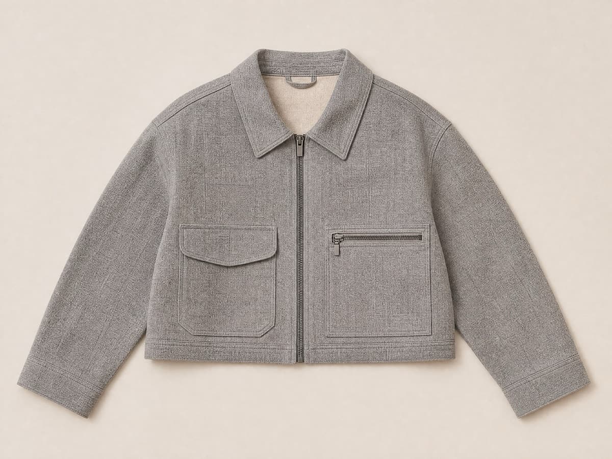 A short warm grey jacket laid flat, cut noticeably short and square at the hem with no excess fabric below the waist.