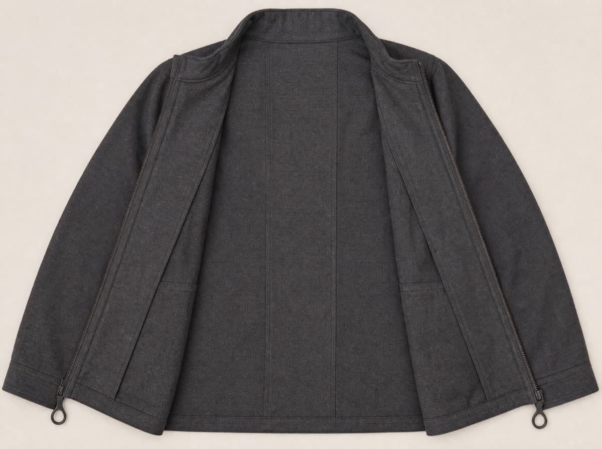 The same jacket with the loop-pull zip fully opened and both front panels spread wide open, the whole jacket lying flat.