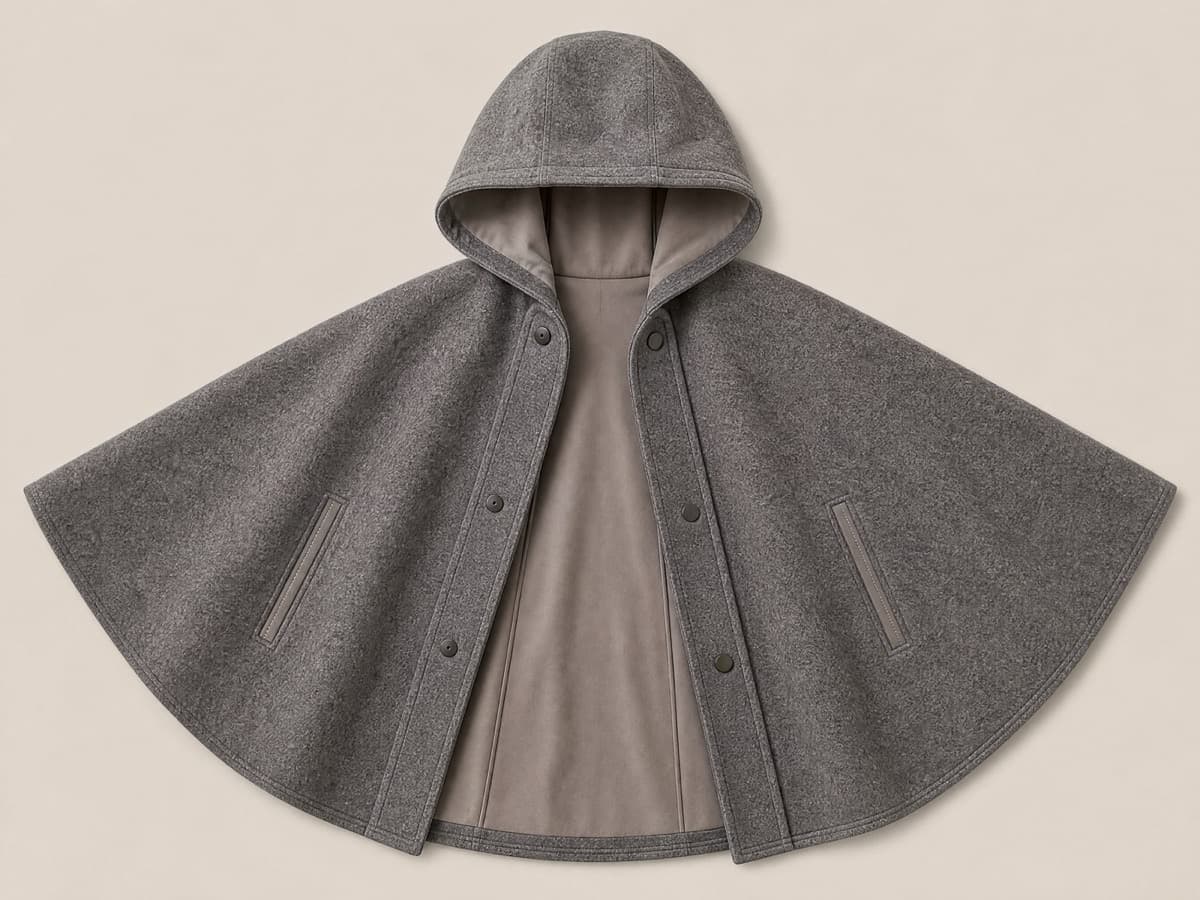 A heavy warm grey winter cape laid flat and spread into a wide open semicircle of brushed wool-blend fabric with a deep hood.