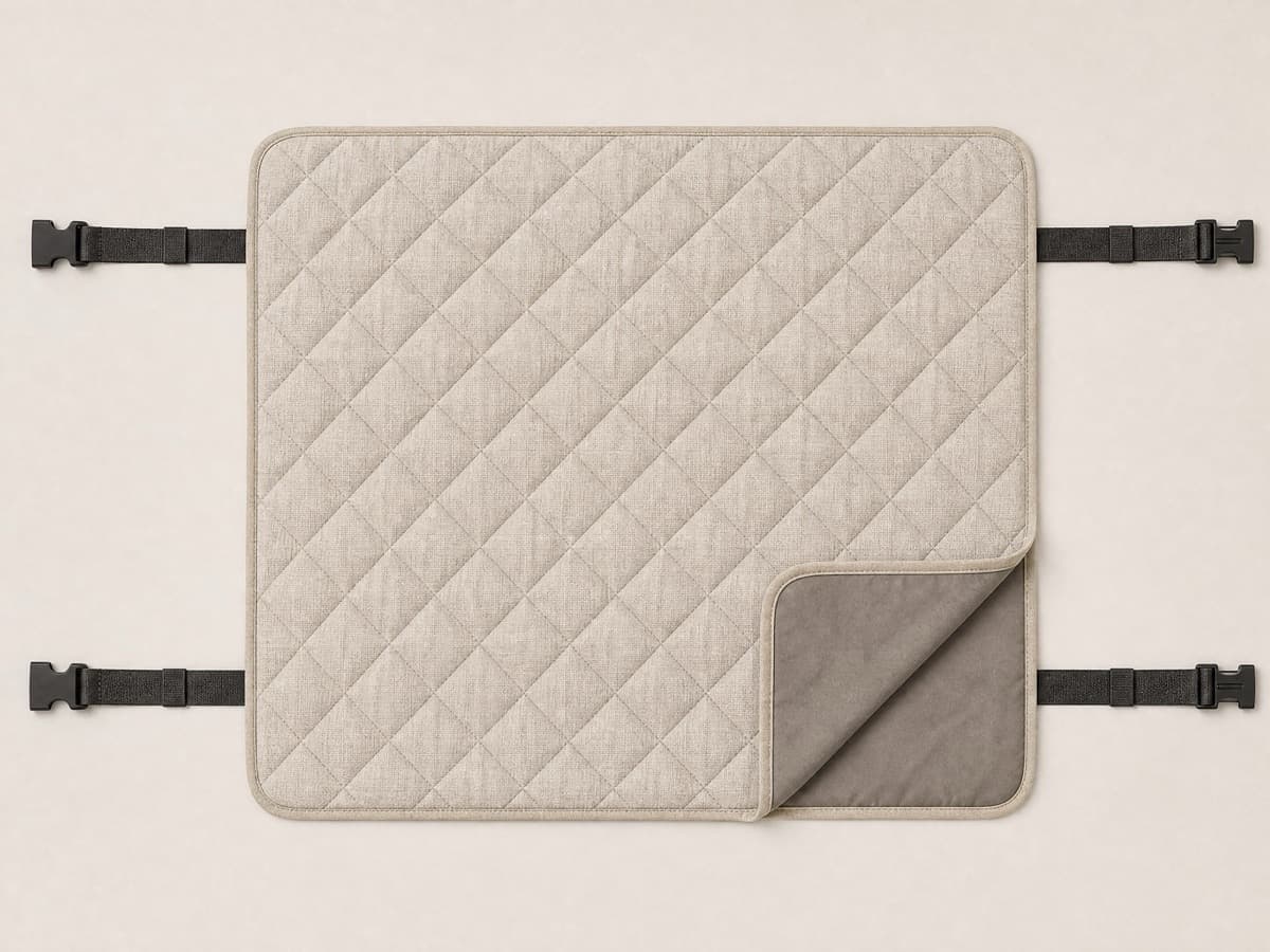 The same lap cover laid completely flat and open, the webbing straps extended straight out to each side.